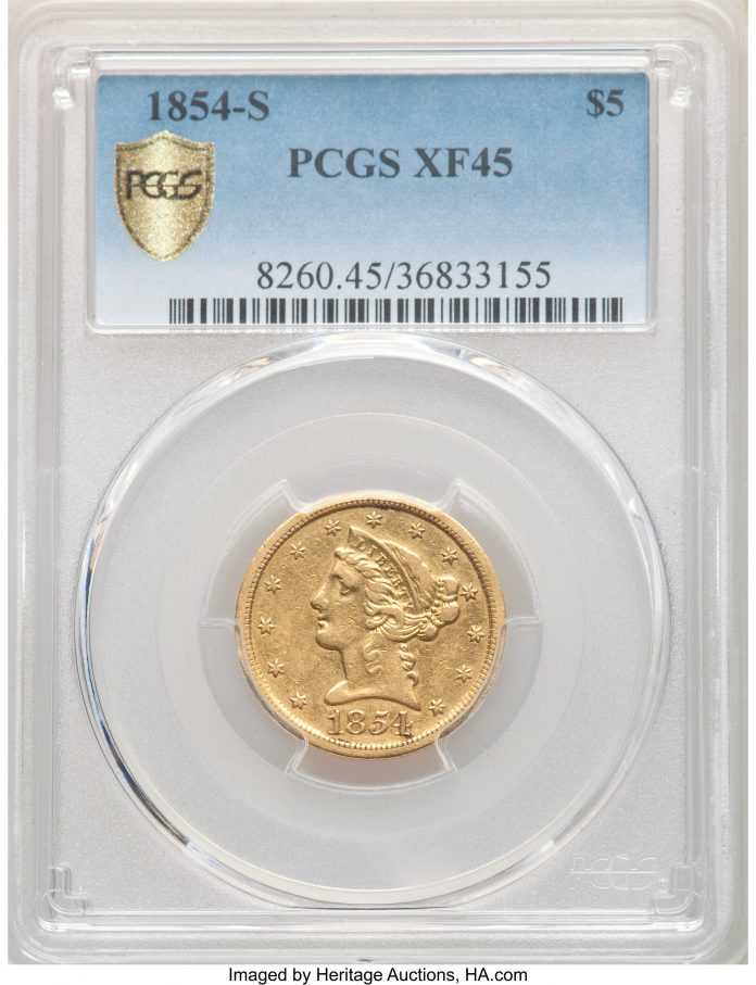 1854-S $5 XF45 PCGS.